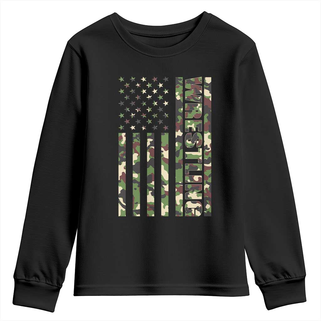 Wrestling American Flag Camo Wrestler Youth Sweatshirt TS10 Black Print Your Wear