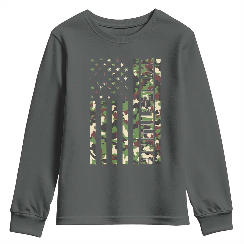Wrestling American Flag Camo Wrestler Youth Sweatshirt TS10 Dark Heather Print Your Wear