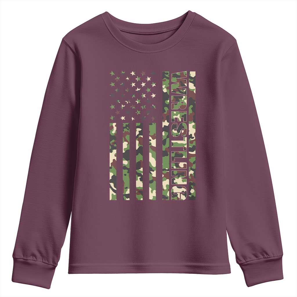 Wrestling American Flag Camo Wrestler Youth Sweatshirt TS10 Maroon Print Your Wear