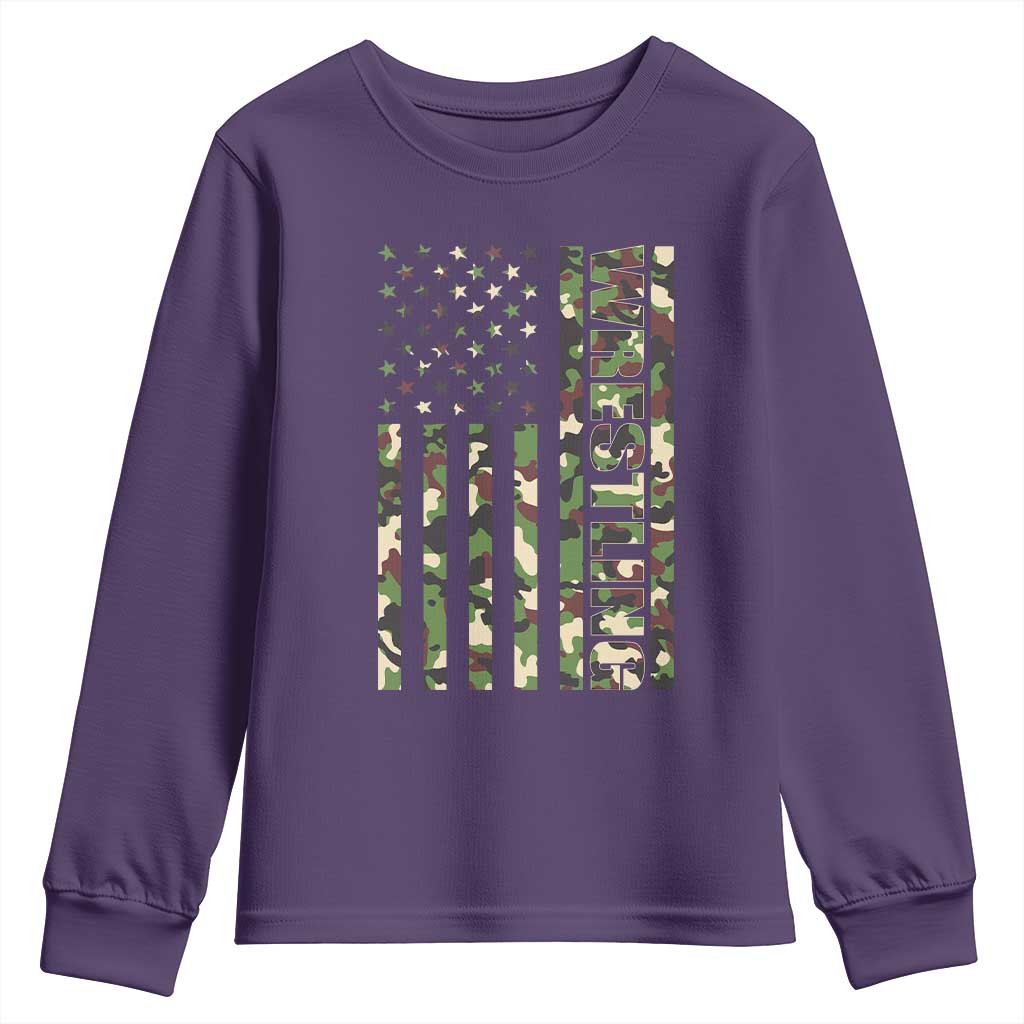 Wrestling American Flag Camo Wrestler Youth Sweatshirt TS10 Purple Print Your Wear