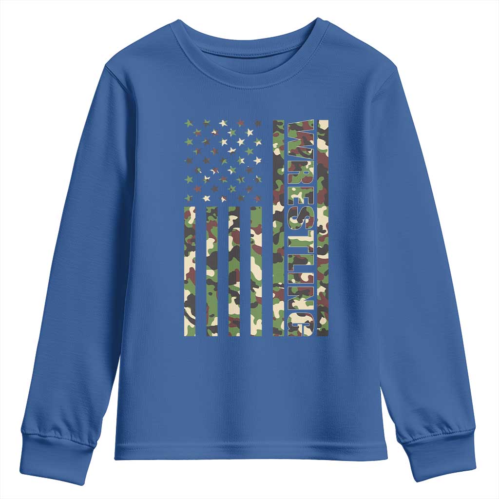 Wrestling American Flag Camo Wrestler Youth Sweatshirt TS10 Royal Blue Print Your Wear
