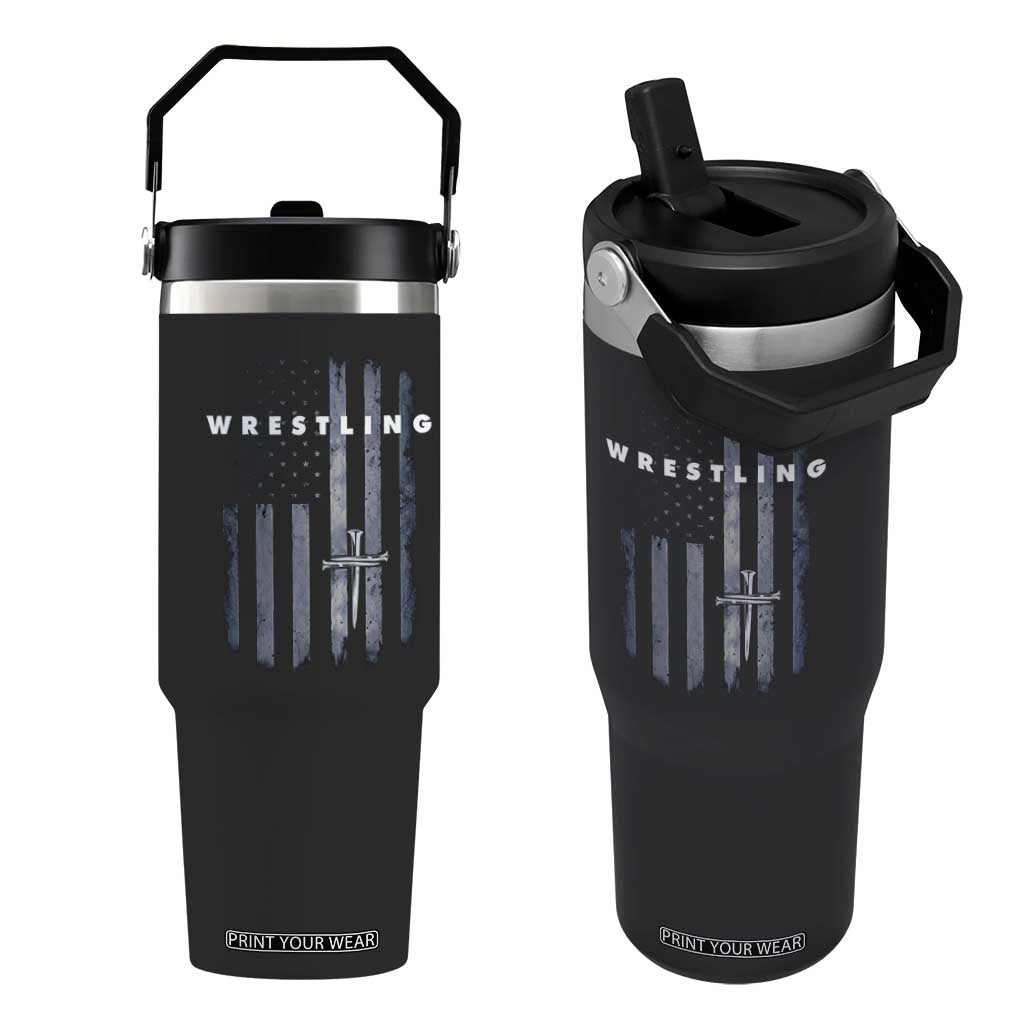 Christian Wrestling Flip Straw Tumbler Wrestler Faith Strength US USA Flag Christ Cross TS10 One Size: 30 oz Black Print Your Wear