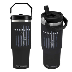 Christian Wrestling Flip Straw Tumbler Wrestler Faith Strength US USA Flag Christ Cross TS10 One Size: 30 oz Black Print Your Wear