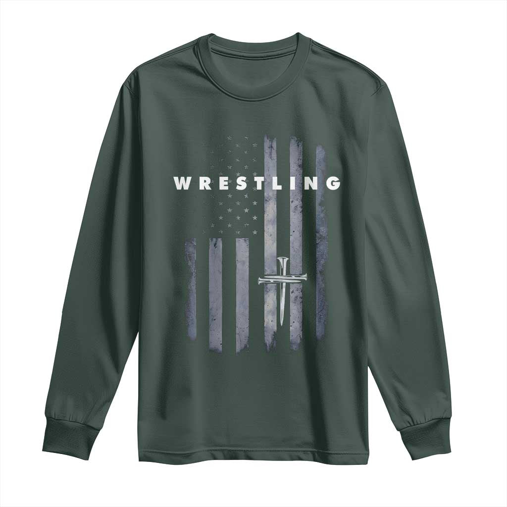 Christian Wrestling Long Sleeve Shirt Wrestler Faith Strength US USA Flag Christ Cross TS10 Dark Forest Green Print Your Wear