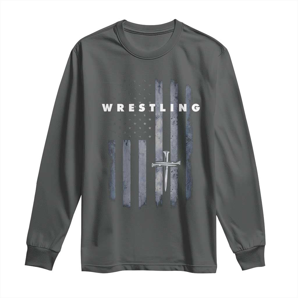 Christian Wrestling Long Sleeve Shirt Wrestler Faith Strength US USA Flag Christ Cross TS10 Dark Heather Print Your Wear