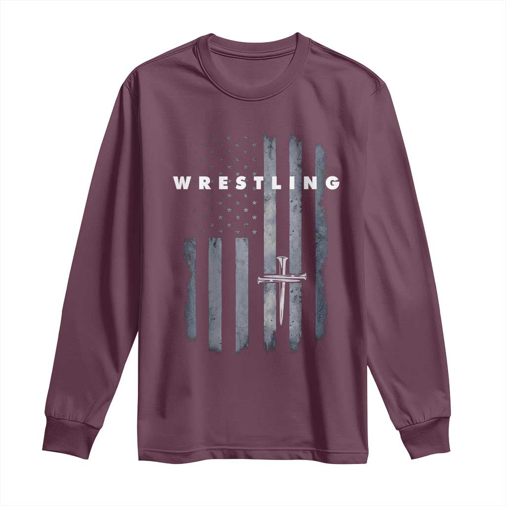 Christian Wrestling Long Sleeve Shirt Wrestler Faith Strength US USA Flag Christ Cross TS10 Maroon Print Your Wear