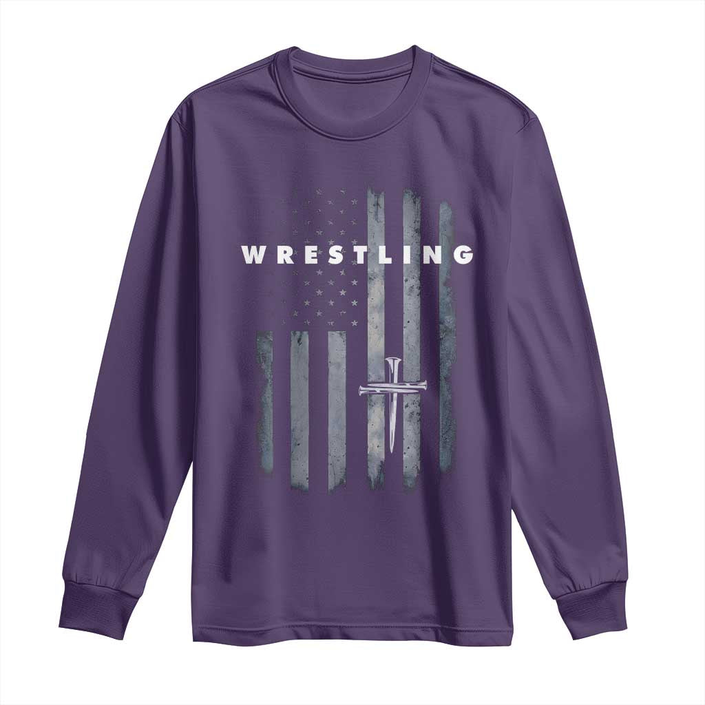 Christian Wrestling Long Sleeve Shirt Wrestler Faith Strength US USA Flag Christ Cross TS10 Purple Print Your Wear