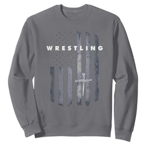 Christian Wrestling Sweatshirt Wrestler Faith Strength US USA Flag Christ Cross TS10 Charcoal Print Your Wear