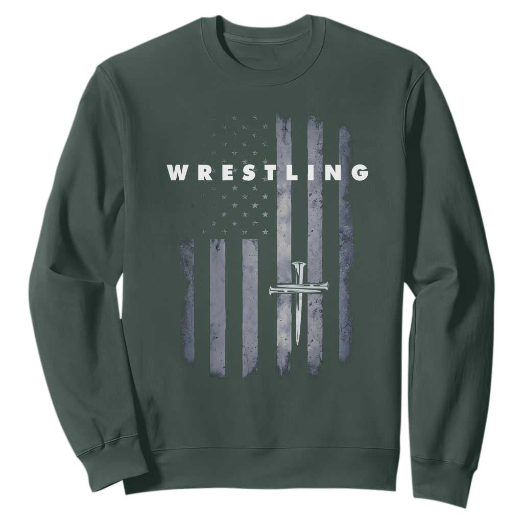 Christian Wrestling Sweatshirt Wrestler Faith Strength US USA Flag Christ Cross TS10 Dark Forest Green Print Your Wear