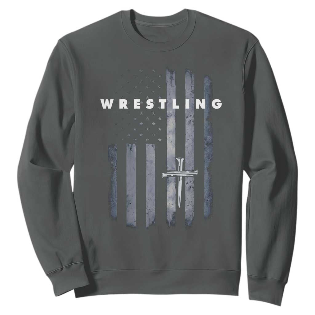 Christian Wrestling Sweatshirt Wrestler Faith Strength US USA Flag Christ Cross TS10 Dark Heather Print Your Wear