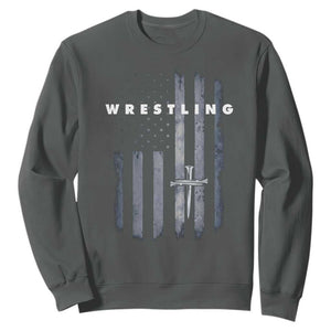 Christian Wrestling Sweatshirt Wrestler Faith Strength US USA Flag Christ Cross TS10 Dark Heather Print Your Wear