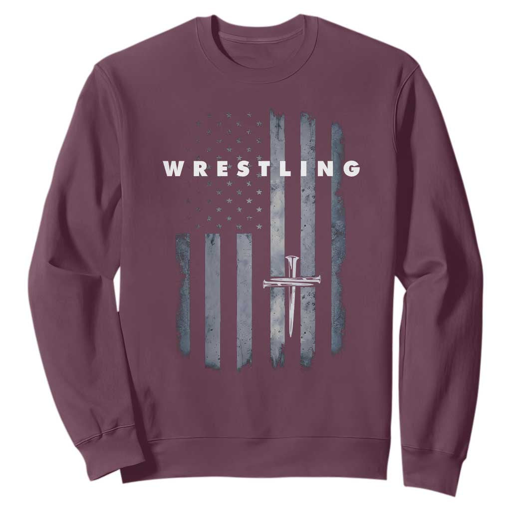 Christian Wrestling Sweatshirt Wrestler Faith Strength US USA Flag Christ Cross TS10 Maroon Print Your Wear