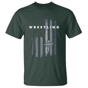 Christian Wrestling T Shirt Wrestler Faith Strength US USA Flag Christ Cross TS10 Dark Forest Green Print Your Wear