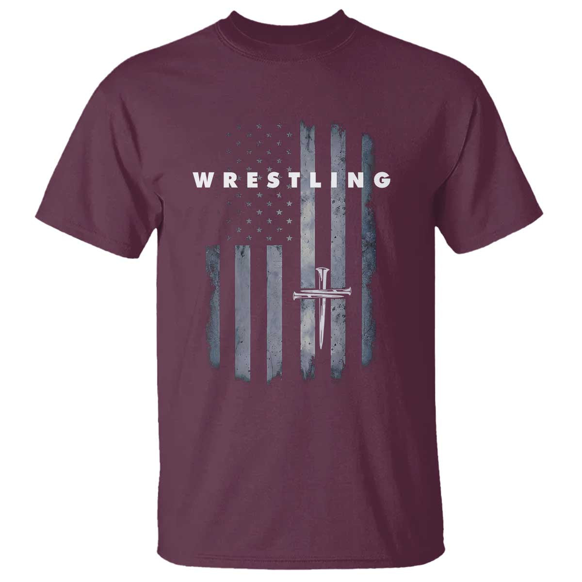 Christian Wrestling T Shirt Wrestler Faith Strength US USA Flag Christ Cross TS10 Maroon Print Your Wear