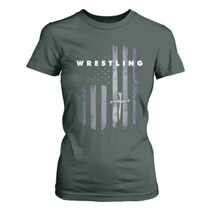 Christian Wrestling T Shirt For Women Wrestler Faith Strength US USA Flag Christ Cross TS10 Dark Forest Green Print Your Wear