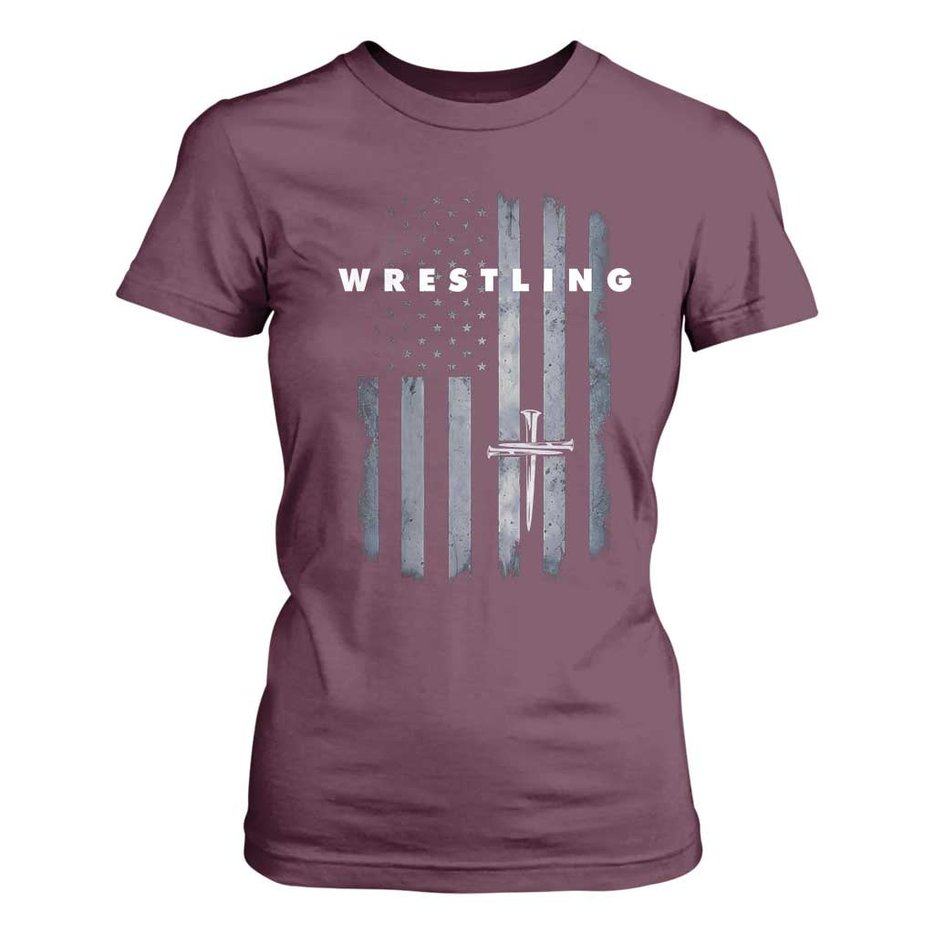 Christian Wrestling T Shirt For Women Wrestler Faith Strength US USA Flag Christ Cross TS10 Maroon Print Your Wear
