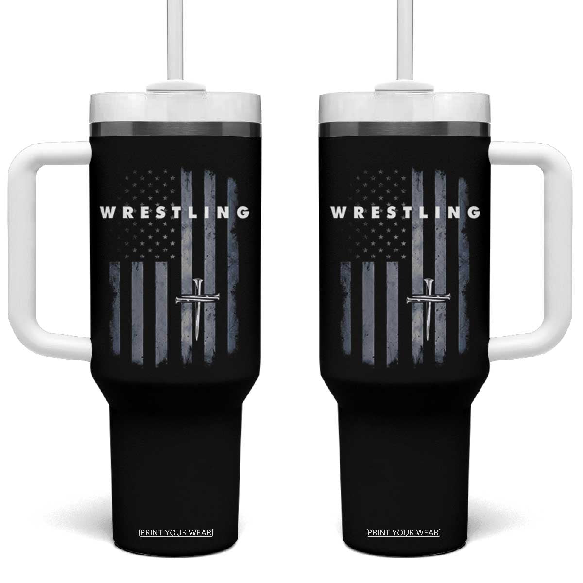 Christian Wrestling Tumbler With Handle Wrestler Faith Strength US USA Flag Christ Cross TS10 One Size: 40 oz Black Print Your Wear