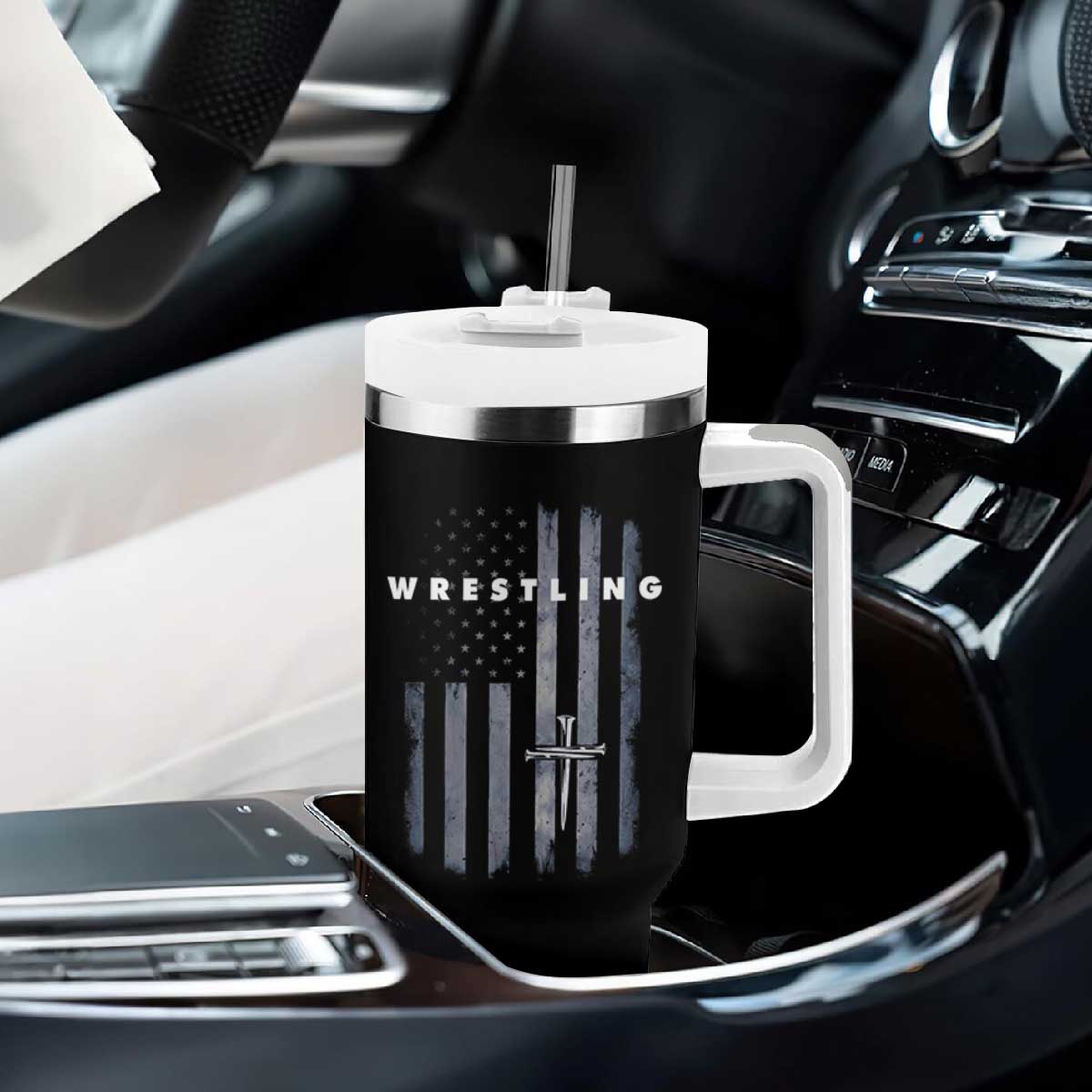 Christian Wrestling Tumbler With Handle Wrestler Faith Strength US USA Flag Christ Cross TS10 Print Your Wear
