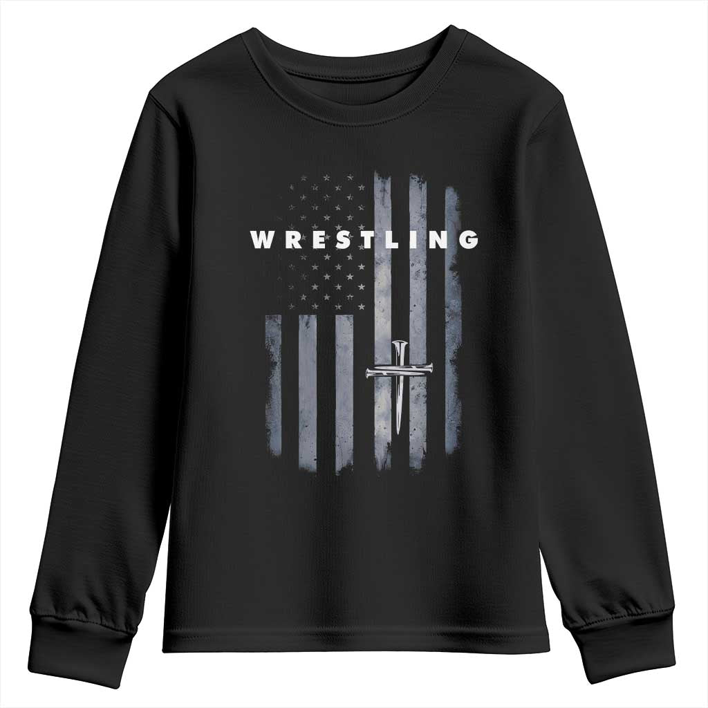 Christian Wrestling Youth Sweatshirt Wrestler Faith Strength US USA Flag Christ Cross TS10 Black Print Your Wear