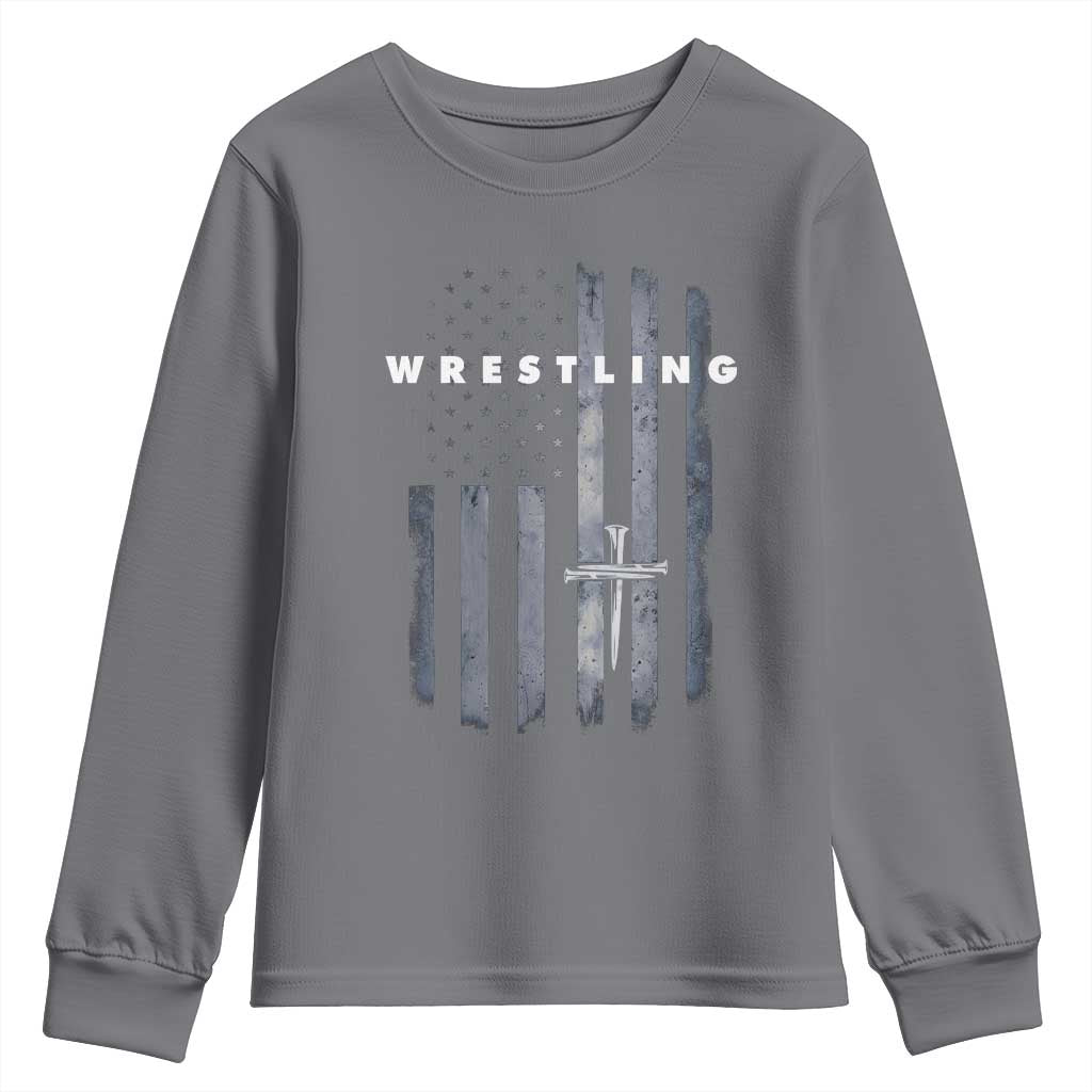 Christian Wrestling Youth Sweatshirt Wrestler Faith Strength US USA Flag Christ Cross TS10 Charcoal Print Your Wear