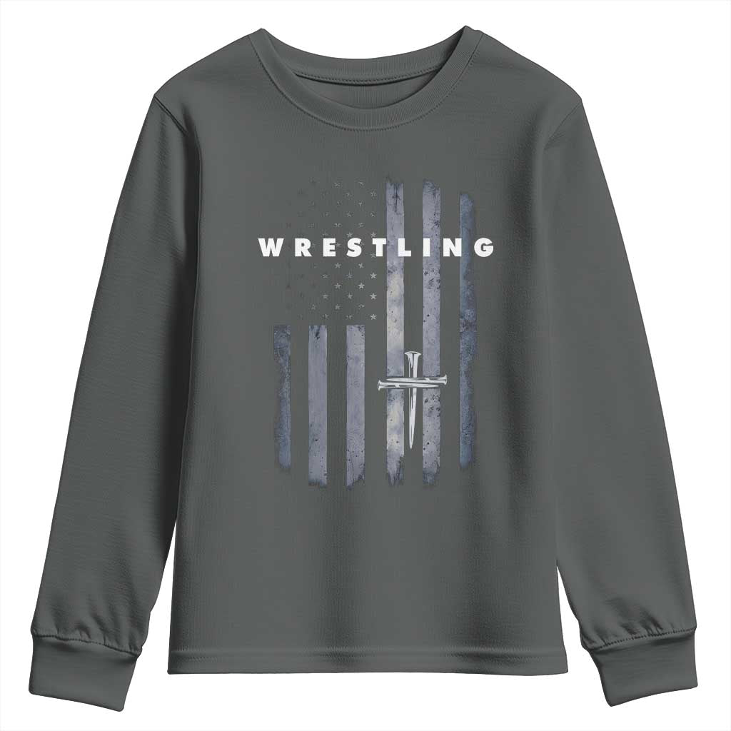 Christian Wrestling Youth Sweatshirt Wrestler Faith Strength US USA Flag Christ Cross TS10 Dark Heather Print Your Wear