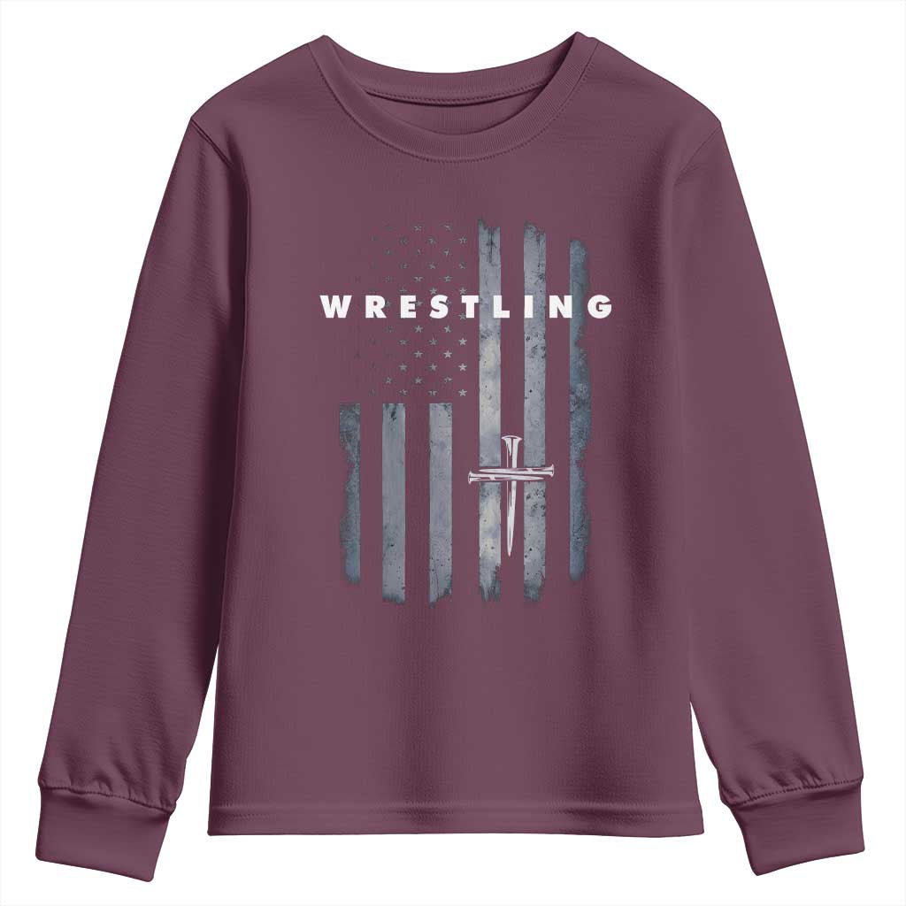 Christian Wrestling Youth Sweatshirt Wrestler Faith Strength US USA Flag Christ Cross TS10 Maroon Print Your Wear