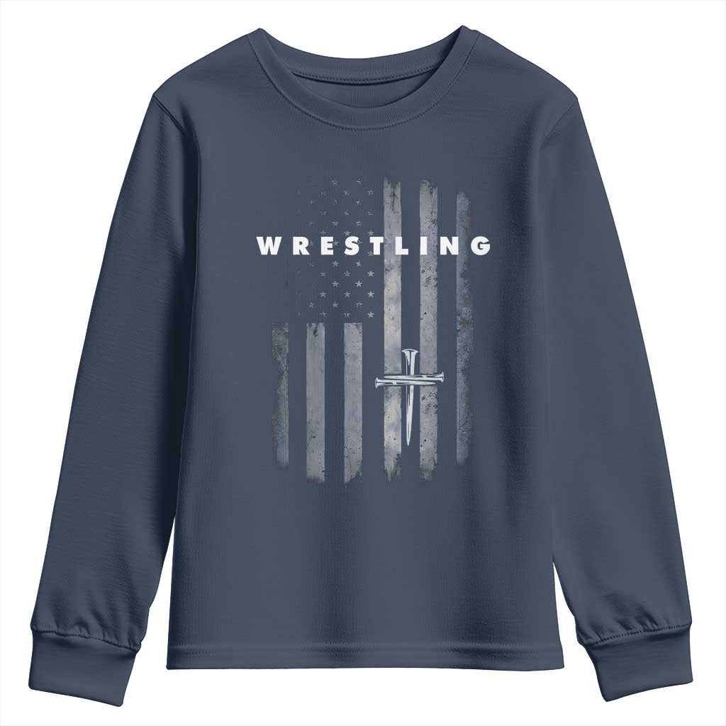 Christian Wrestling Youth Sweatshirt Wrestler Faith Strength US USA Flag Christ Cross TS10 Navy Print Your Wear