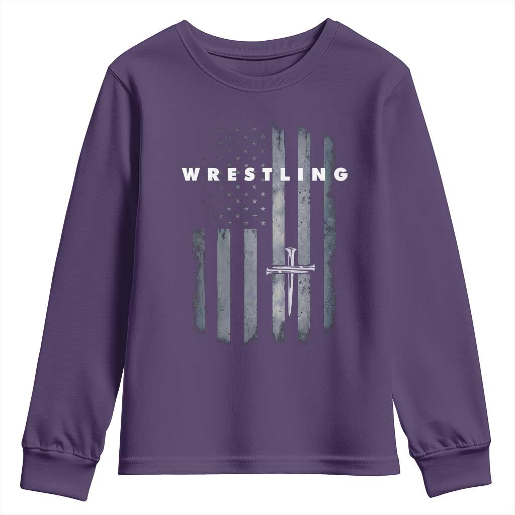 Christian Wrestling Youth Sweatshirt Wrestler Faith Strength US USA Flag Christ Cross TS10 Purple Print Your Wear