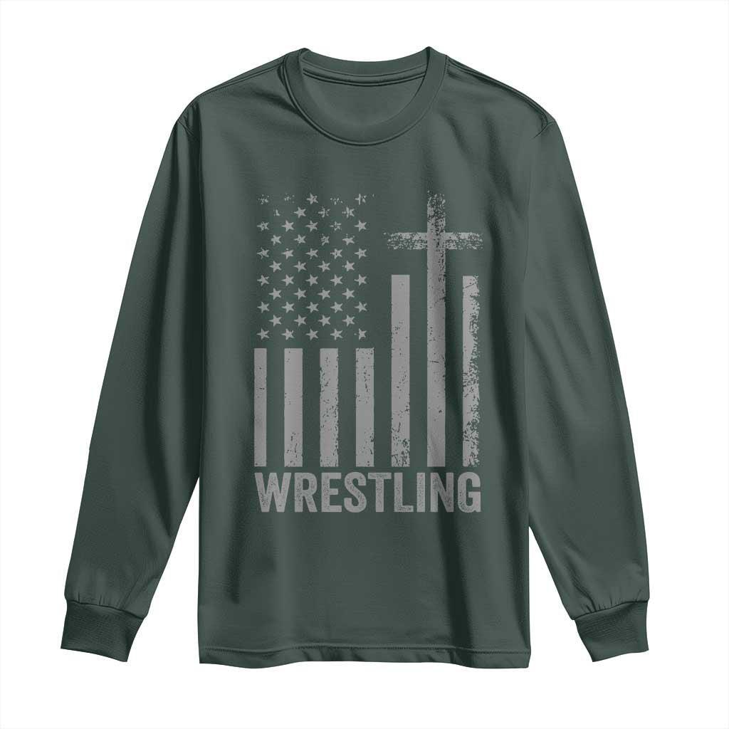 Faith Wrestling Long Sleeve Shirt Christian Wrestler American Flag Cross TS10 Dark Forest Green Print Your Wear