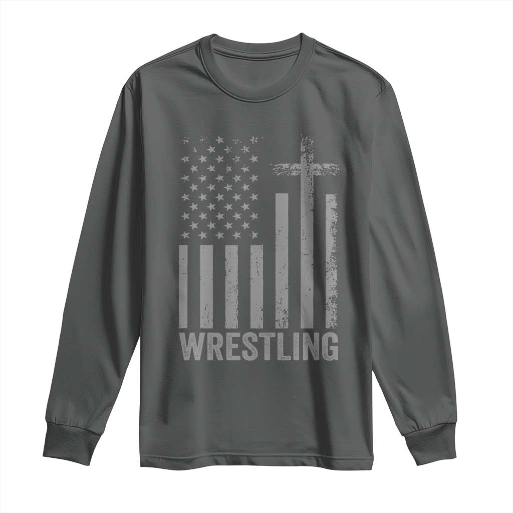 Faith Wrestling Long Sleeve Shirt Christian Wrestler American Flag Cross TS10 Dark Heather Print Your Wear