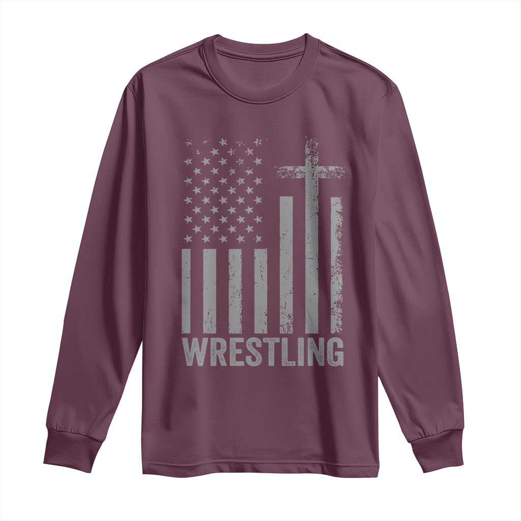 Faith Wrestling Long Sleeve Shirt Christian Wrestler American Flag Cross TS10 Maroon Print Your Wear