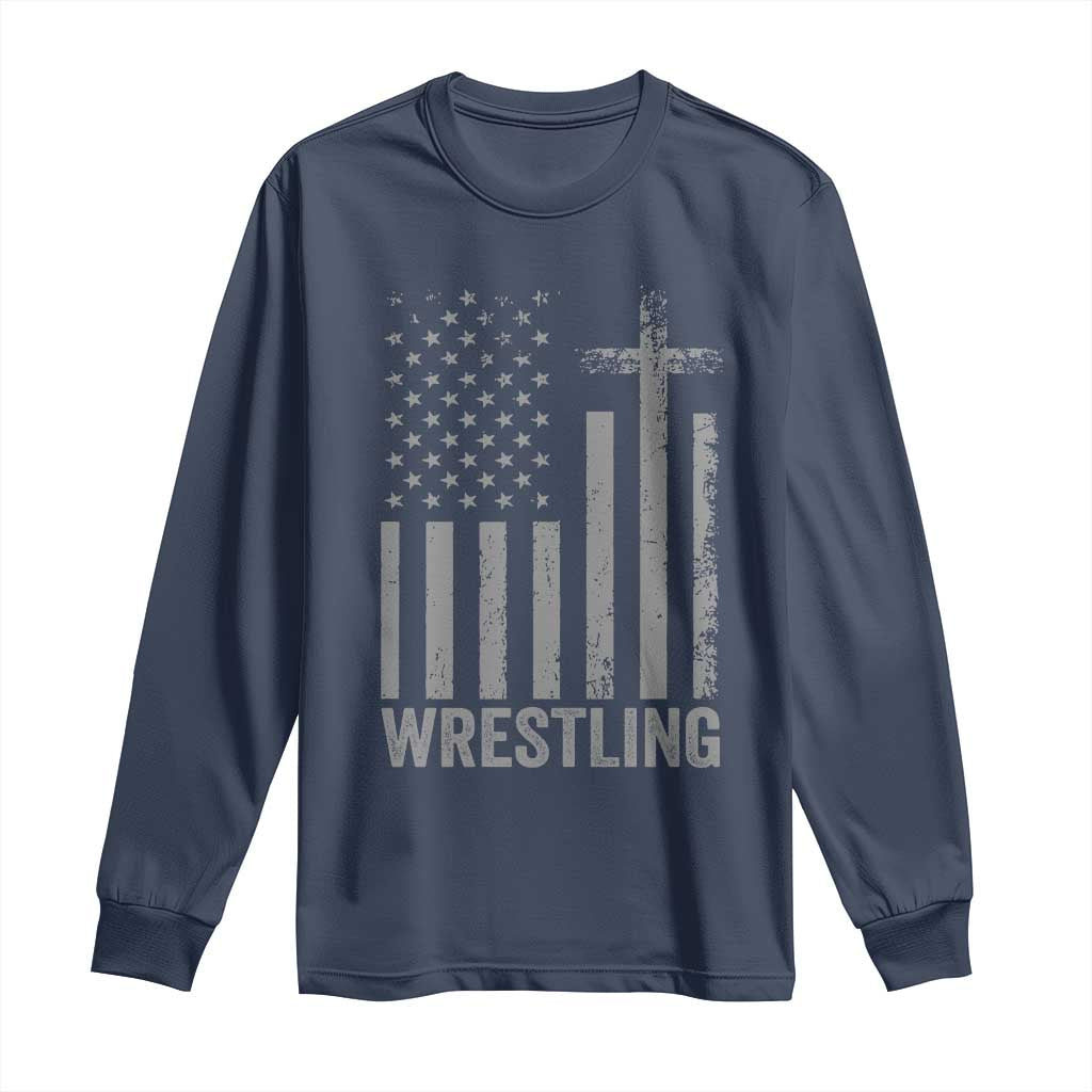 Faith Wrestling Long Sleeve Shirt Christian Wrestler American Flag Cross TS10 Navy Print Your Wear