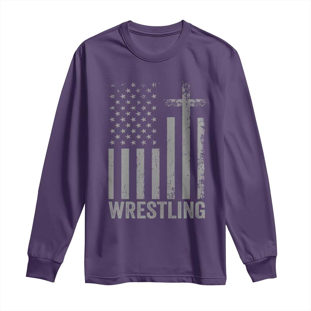 Faith Wrestling Long Sleeve Shirt Christian Wrestler American Flag Cross TS10 Purple Print Your Wear