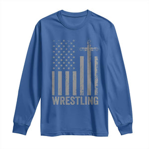 Faith Wrestling Long Sleeve Shirt Christian Wrestler American Flag Cross TS10 Royal Blue Print Your Wear
