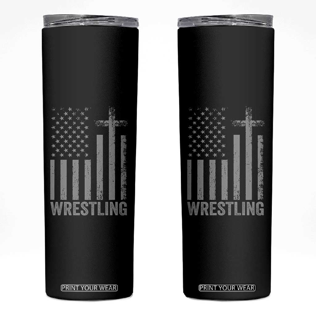 Faith Wrestling Skinny Tumbler Christian Wrestler American Flag Cross TS10 Black Print Your Wear