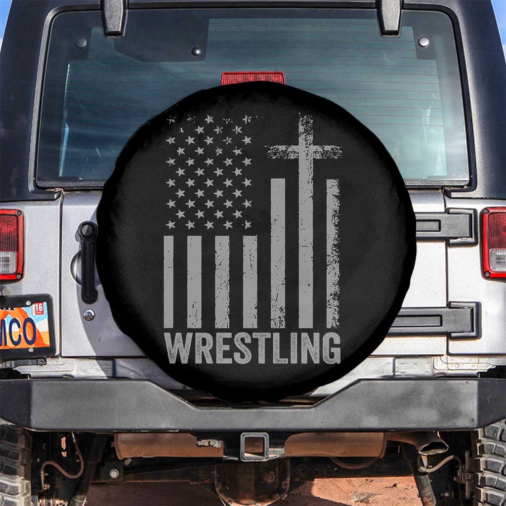 Faith Wrestling Spare Tire Cover Christian Wrestler American Flag Cross TS10 No hole Black Print Your Wear
