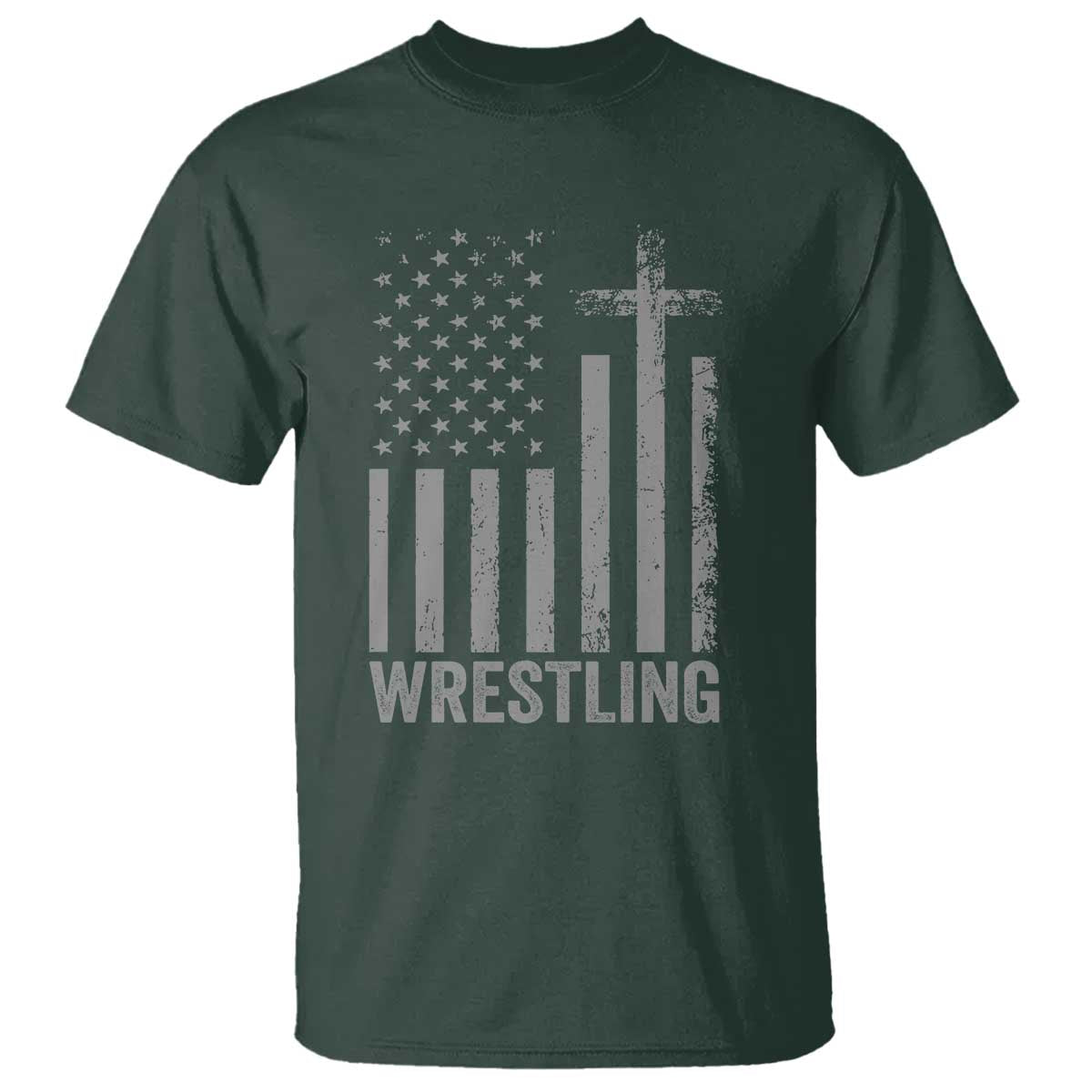 Faith Wrestling T Shirt Christian Wrestler American Flag Cross TS10 Dark Forest Green Print Your Wear