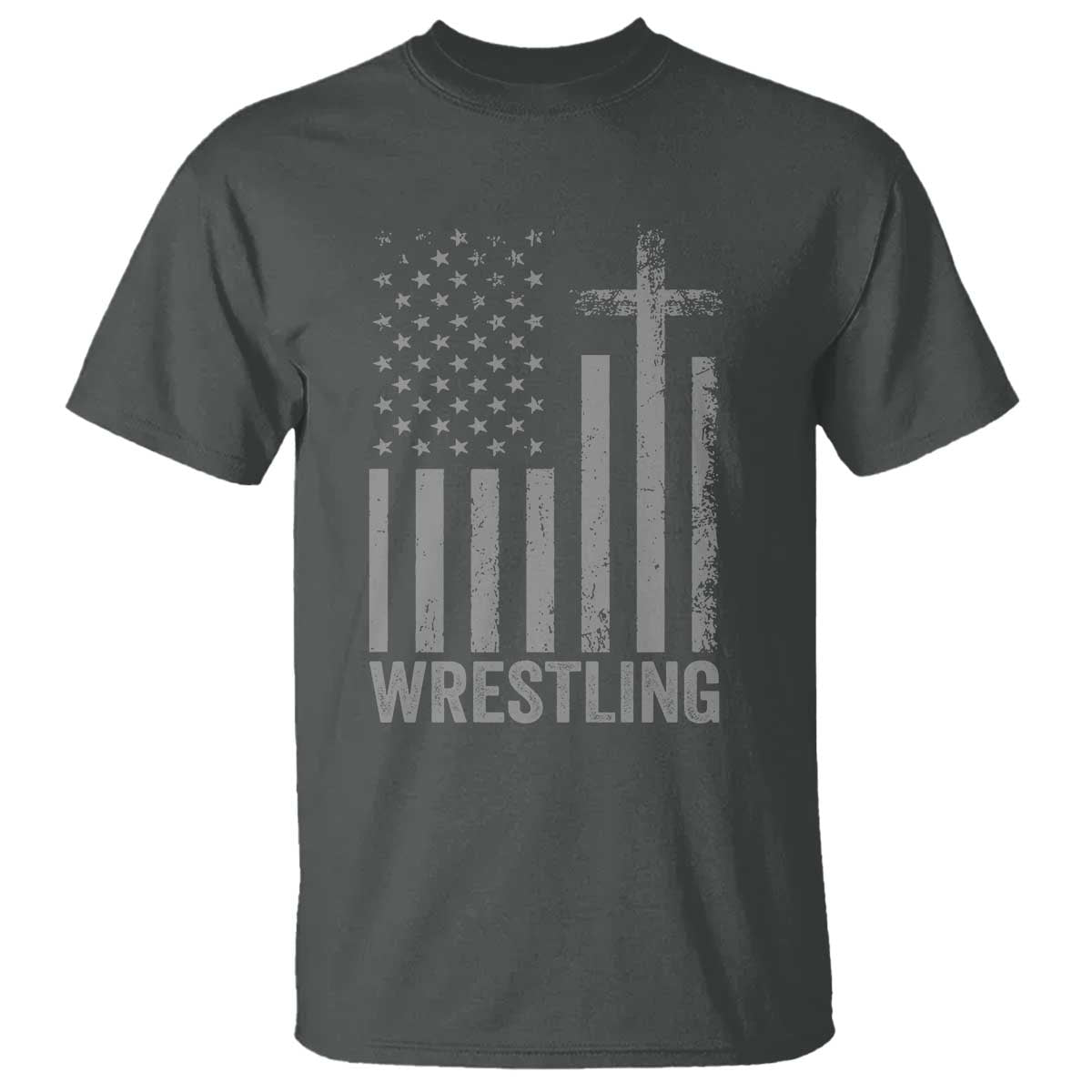 Faith Wrestling T Shirt Christian Wrestler American Flag Cross TS10 Dark Heather Print Your Wear