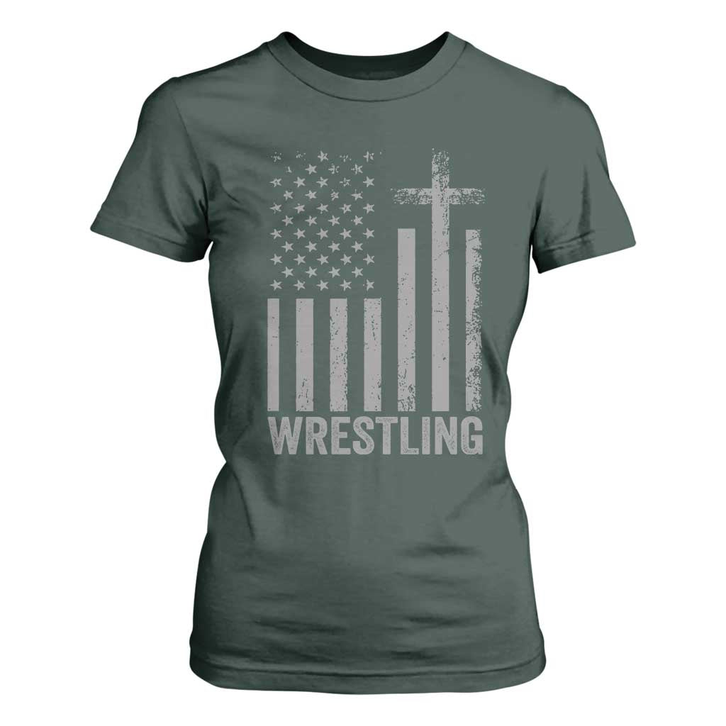 Faith Wrestling T Shirt For Women Christian Wrestler American Flag Cross TS10 Dark Forest Green Print Your Wear