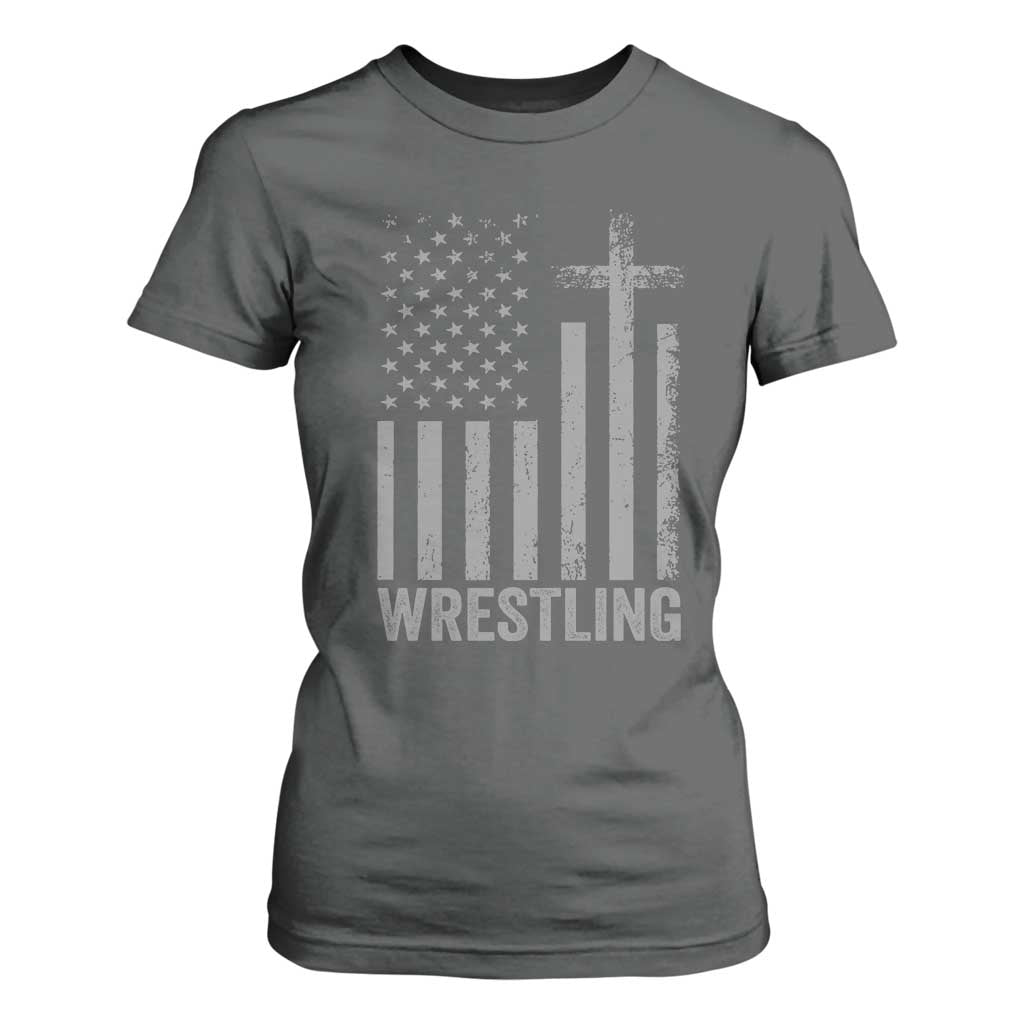Faith Wrestling T Shirt For Women Christian Wrestler American Flag Cross TS10 Dark Heather Print Your Wear