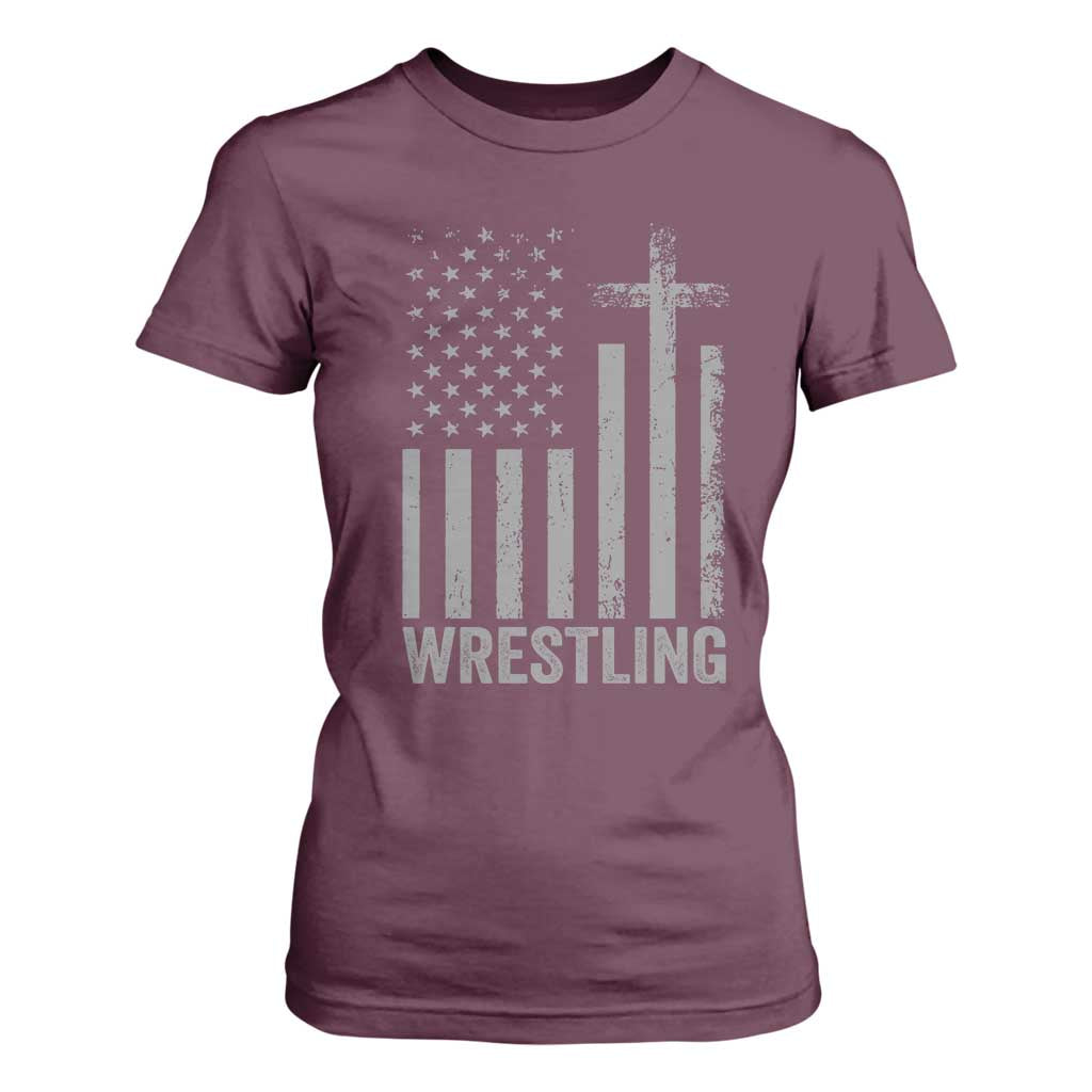 Faith Wrestling T Shirt For Women Christian Wrestler American Flag Cross TS10 Maroon Print Your Wear