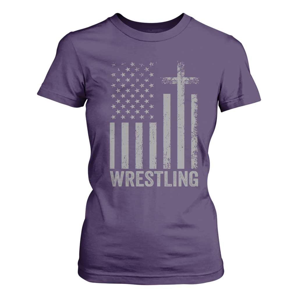 Faith Wrestling T Shirt For Women Christian Wrestler American Flag Cross TS10 Purple Print Your Wear