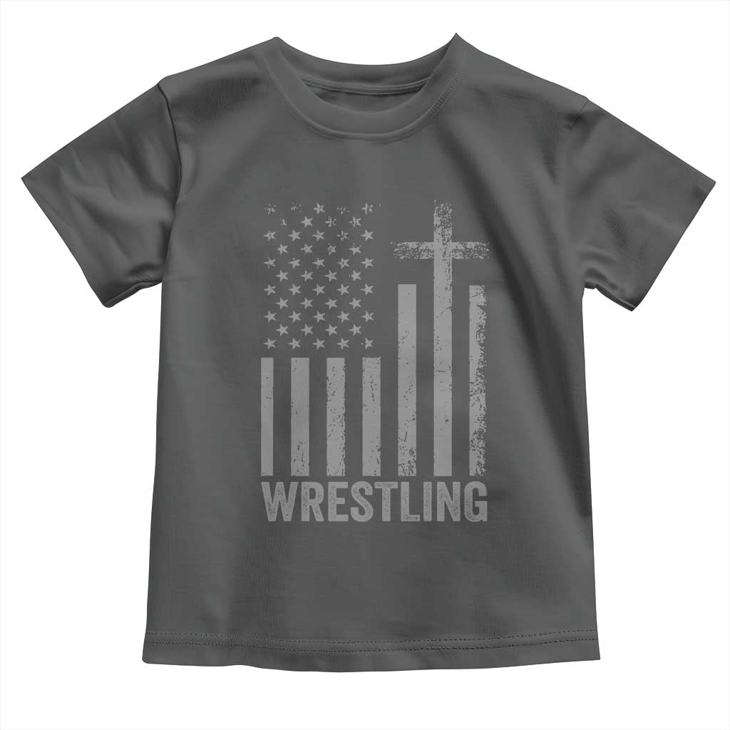 Faith Wrestling Toddler T Shirt Christian Wrestler American Flag Cross TS10 Dark Heather Print Your Wear