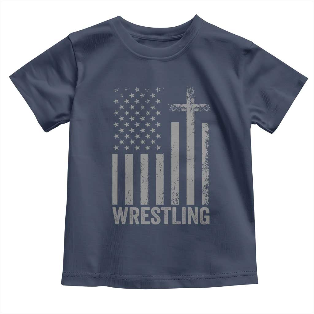 Faith Wrestling Toddler T Shirt Christian Wrestler American Flag Cross TS10 Navy Print Your Wear