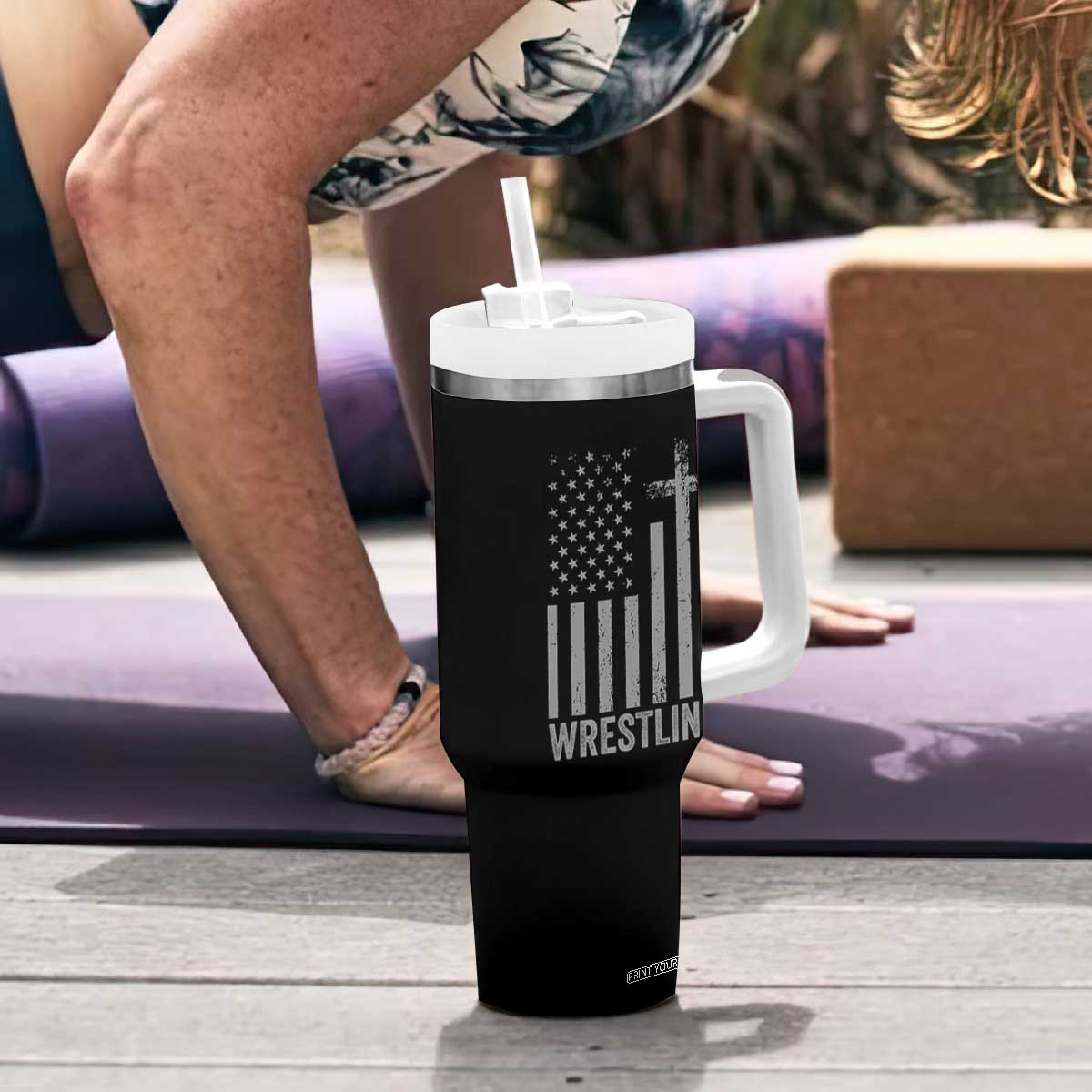 Faith Wrestling Tumbler With Handle Christian Wrestler American Flag Cross TS10 Print Your Wear