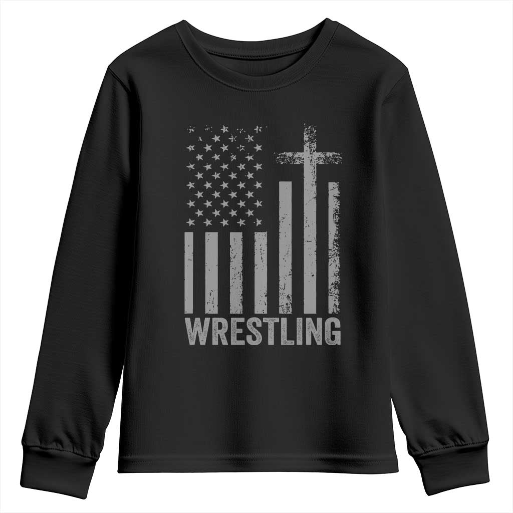 Faith Wrestling Youth Sweatshirt Christian Wrestler American Flag Cross TS10 Black Print Your Wear