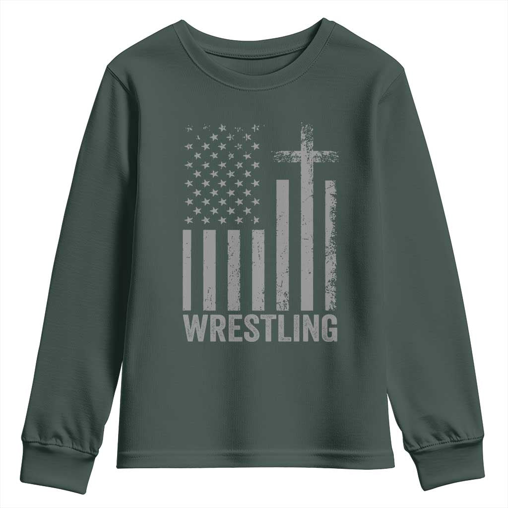 Faith Wrestling Youth Sweatshirt Christian Wrestler American Flag Cross TS10 Dark Forest Green Print Your Wear