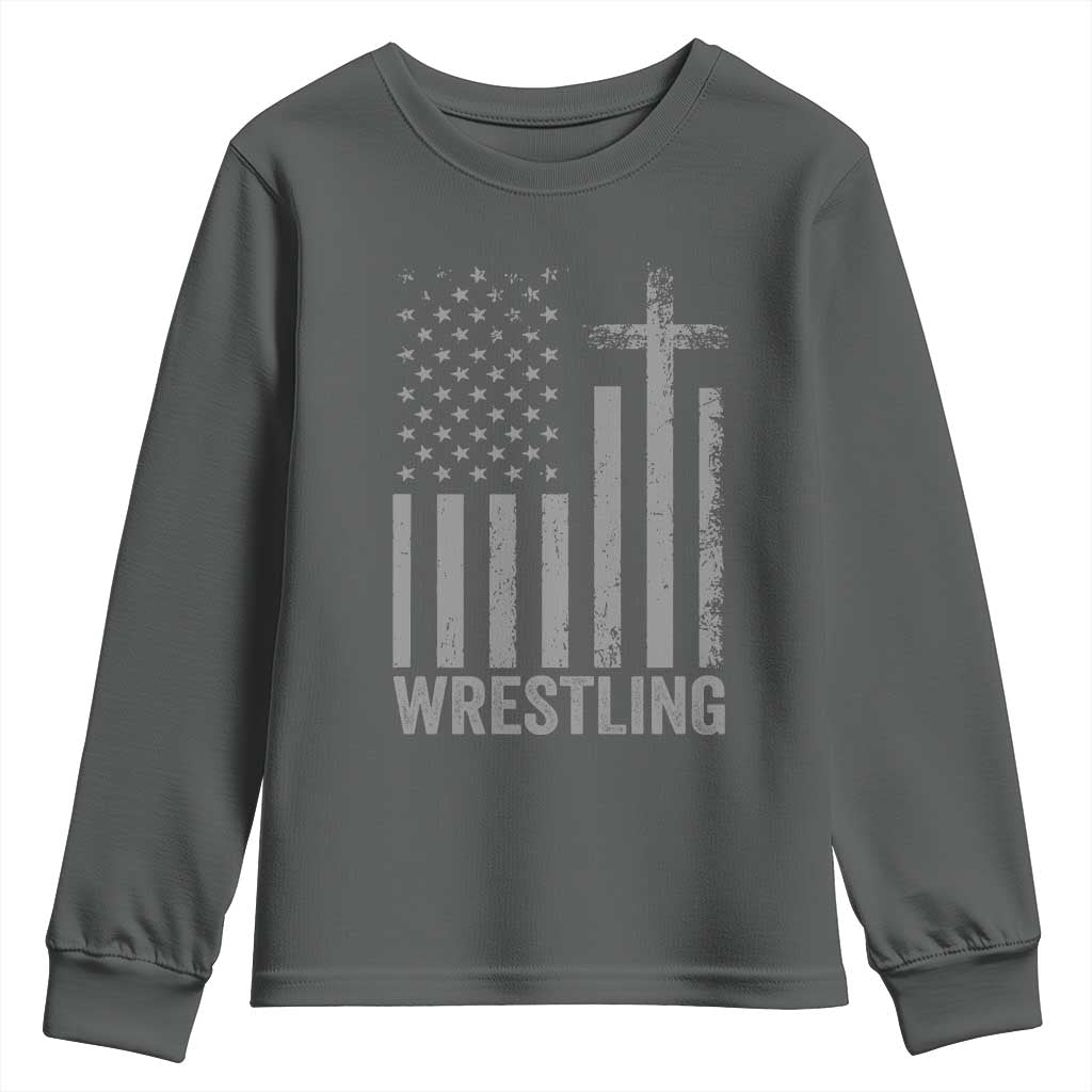 Faith Wrestling Youth Sweatshirt Christian Wrestler American Flag Cross TS10 Dark Heather Print Your Wear