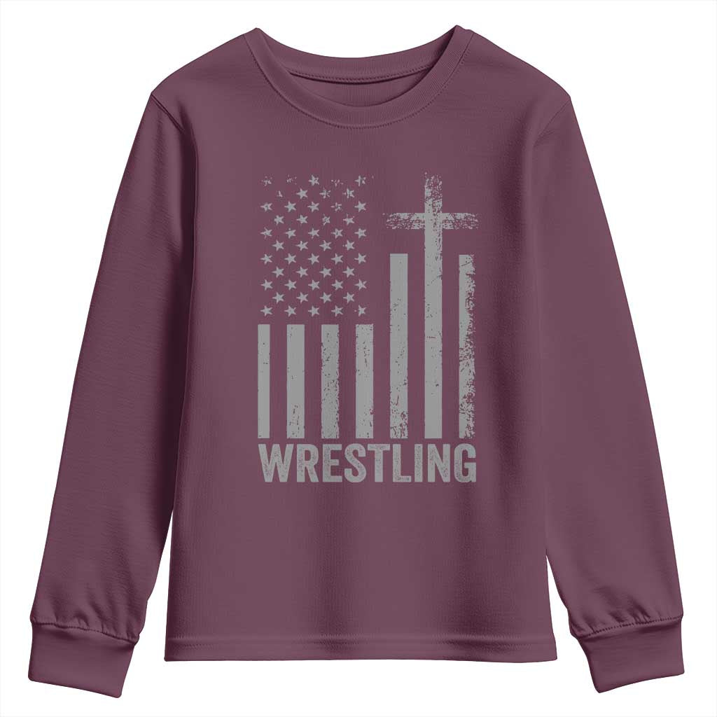 Faith Wrestling Youth Sweatshirt Christian Wrestler American Flag Cross TS10 Maroon Print Your Wear