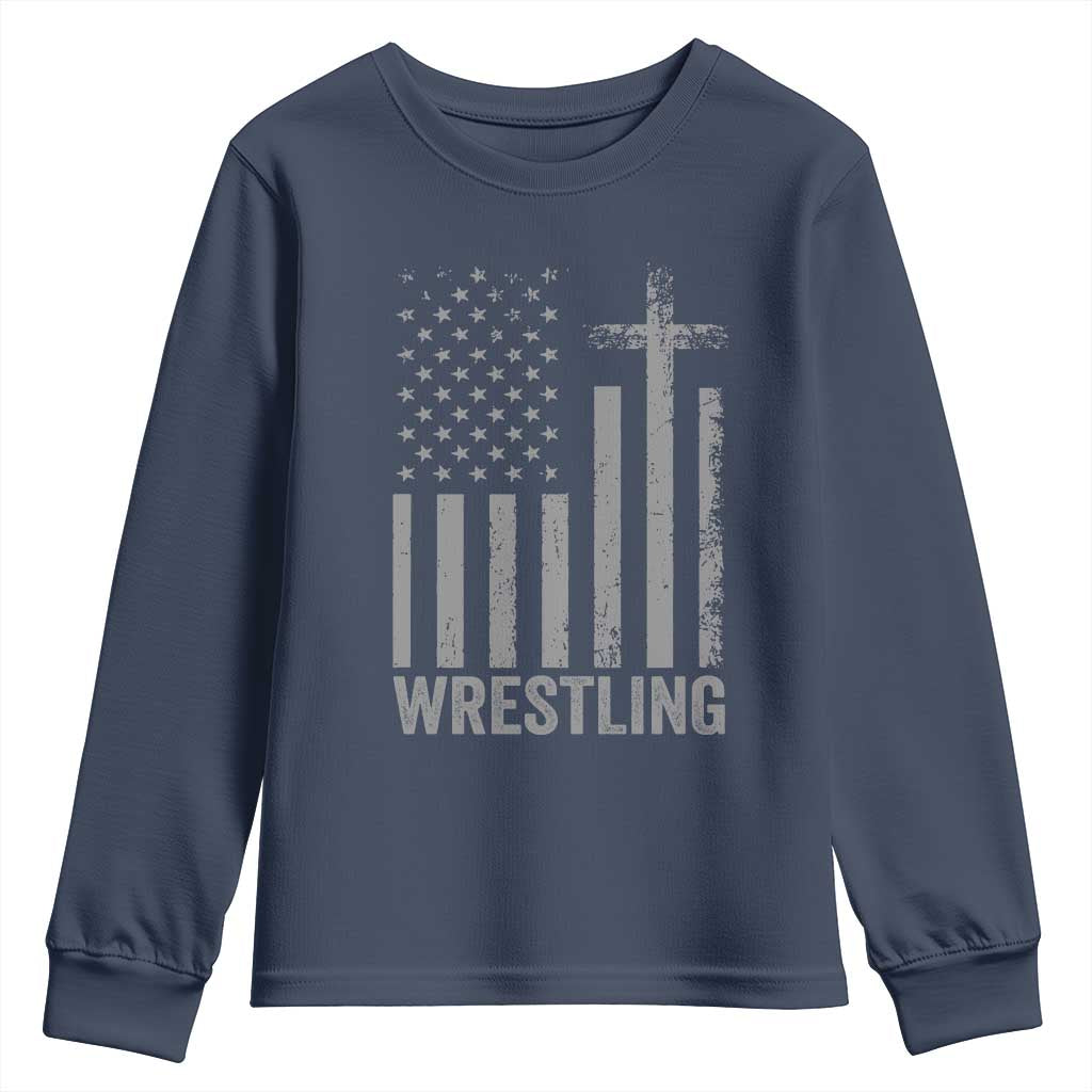 Faith Wrestling Youth Sweatshirt Christian Wrestler American Flag Cross TS10 Navy Print Your Wear